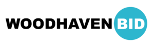 The image shows the text "WOODHAVEN BID" with "WOODHAVEN" in bold black letters and "BID" in white letters inside a large blue circle on a light gray background.