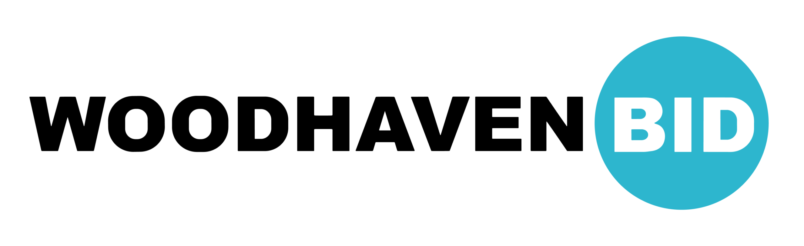 Logo with the word “WOODHAVEN” in bold black letters and “BID” in white letters inside a blue circle on a light gray background.