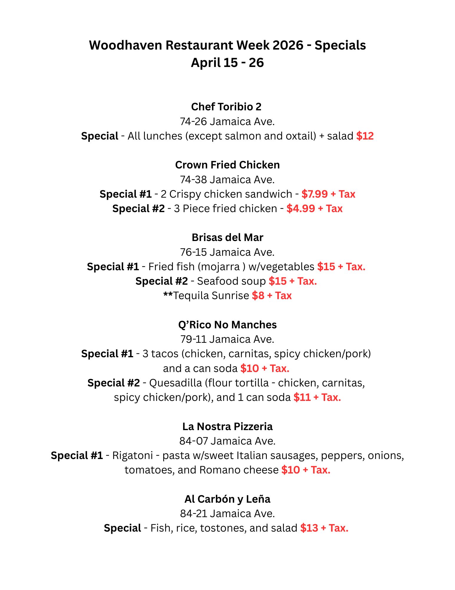 A menu listing restaurant week specials from six restaurants, including fried chicken, seafood, quesadilla, rigatoni, and fish platters, with prices ranging from $4.99 to $13, plus tax.