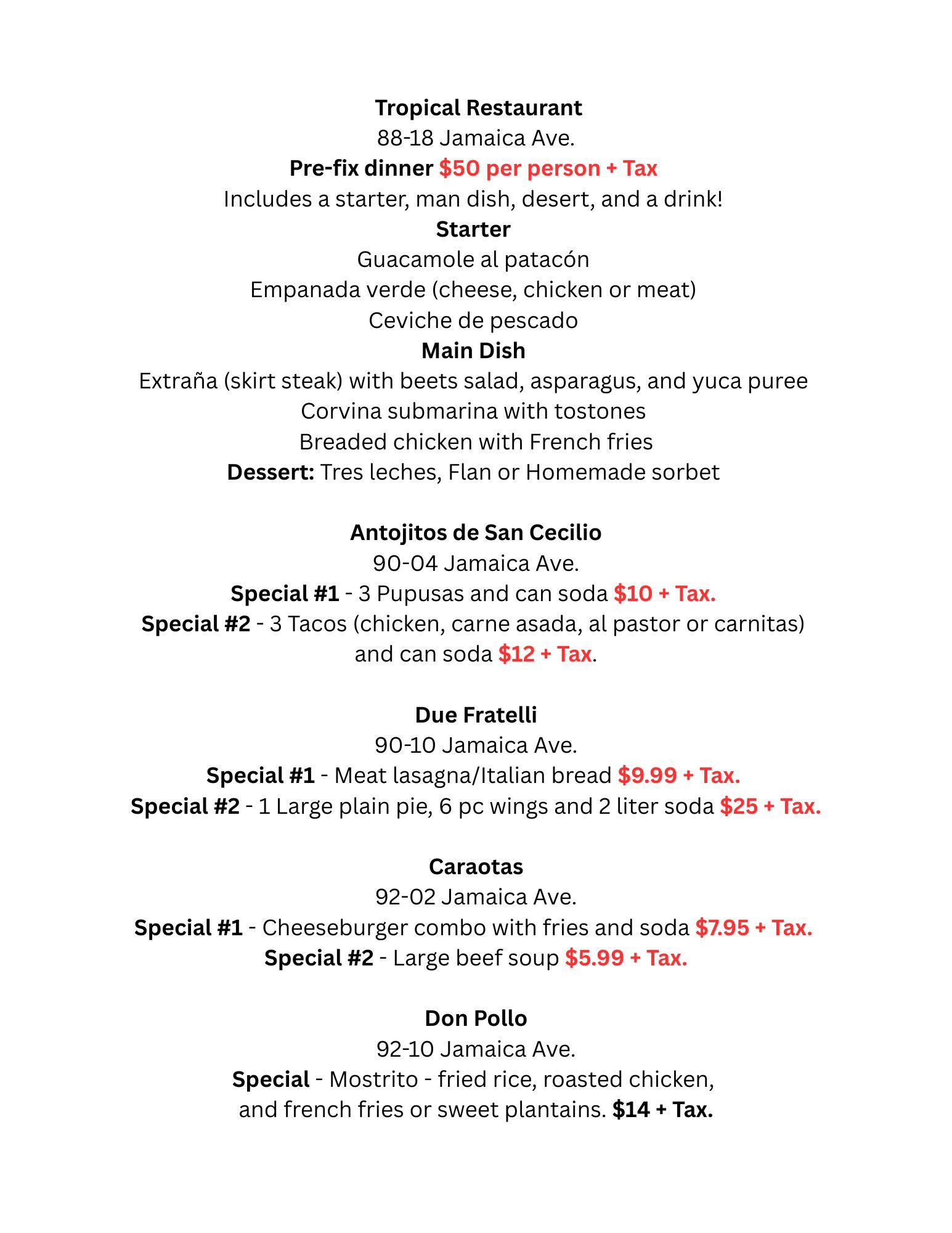 Menu with restaurant names, addresses, and dishes. Specials are listed with prices and tax notes. Tropical Restaurant, San Cecilio, Due Fratelli, Carotas, and Don Pollo offer various items like pizza, burgers, tacos, and chicken meals.