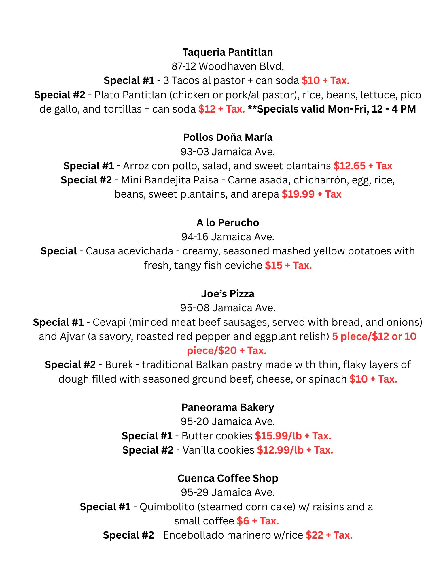 A menu listing specials from five different restaurants, each with descriptions and prices, on a white background with black and red text. Restaurants include Taqueria Pantitlan, Pollos Doña María, A lo Peruano, Joe’s Pizza, Panoramca Bakery, and Cuenca Coffee Shop.