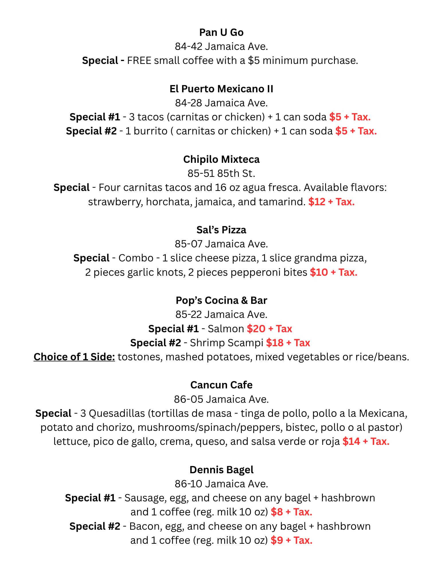 A menu listing breakfast specials from various restaurants on Jamaica Avenue. Each listing includes the restaurant name, address, and details of meal specials with prices and offers, some with coffee and others with additional sides.